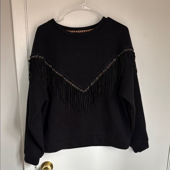 Hayley Menzies Ada Suede Fringe Cotton Blend Sweatshirt Size Large Solid Black - Picture 4 of 8